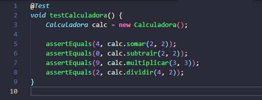 Captura de tela de um teste unitário ruim, que valida várias coisas ao mesmo tempo