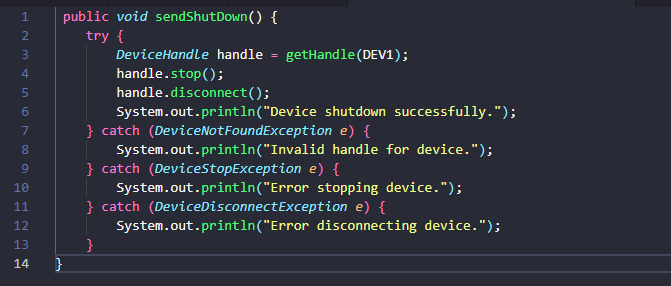 Captura de tela do mesmo código tratando a falha com try/catch e lançando uma exceção