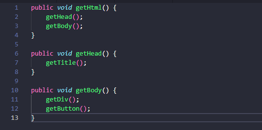 Captura de tela de funções aninhadas que montam um documento HTML com chamadas como getHead e getBody